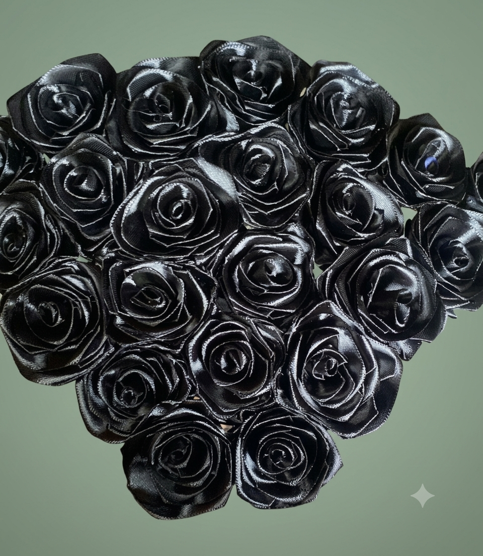 Black ribbon roses against a dusty green background