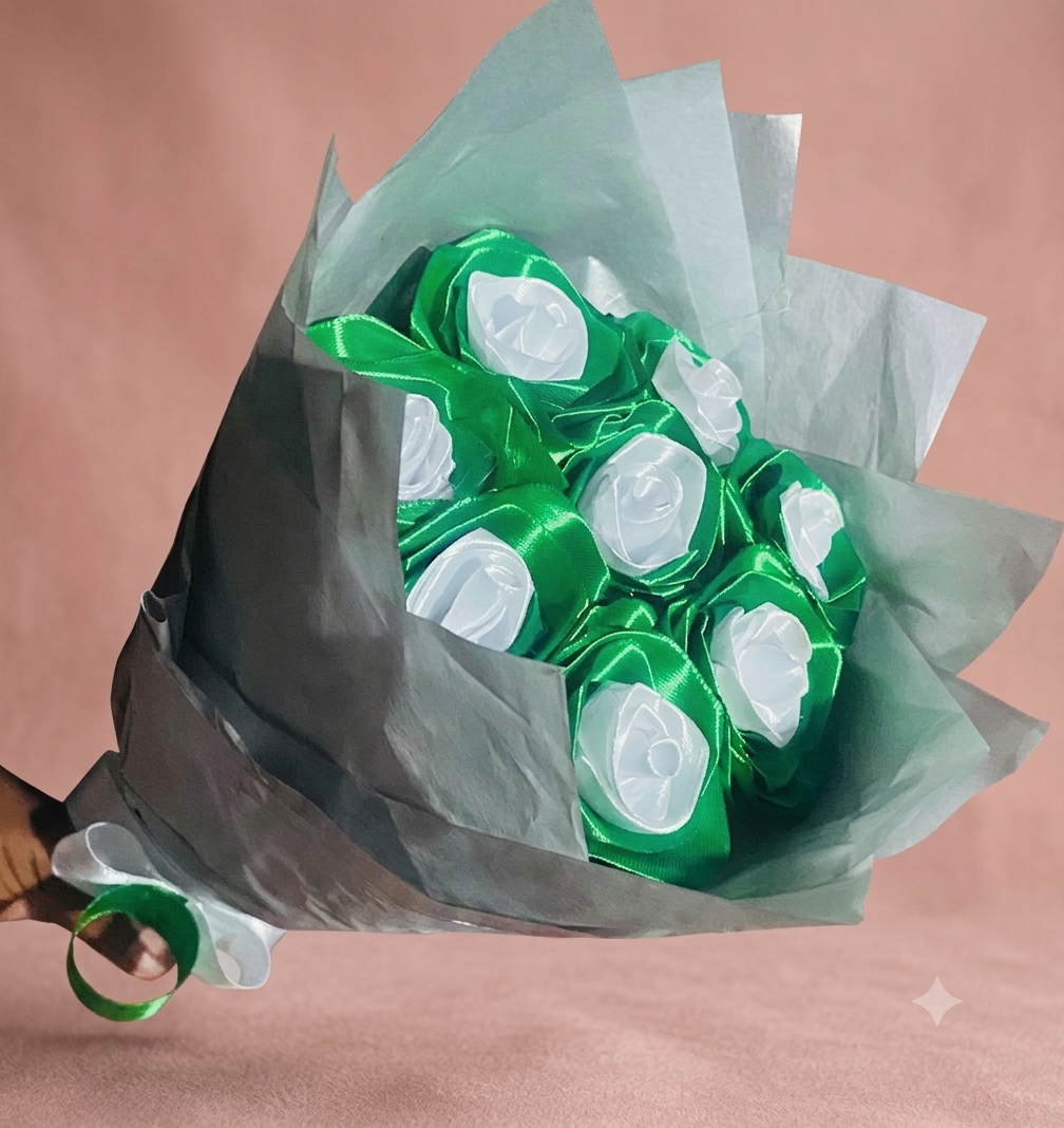 Handcrafted green and white ribbon rose bouquet